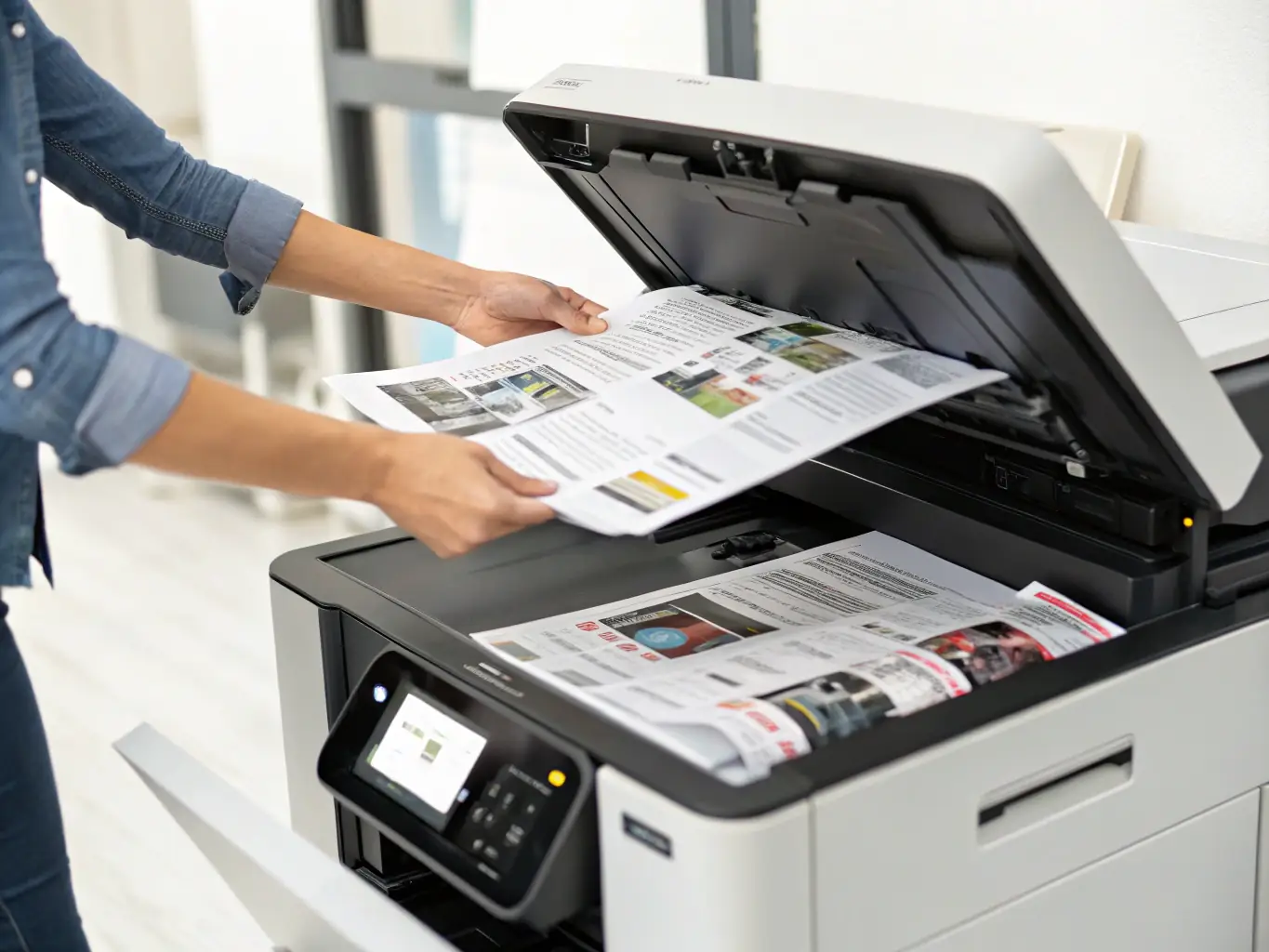 A close-up image of various types of paper (glossy, matte, textured) being fed into a high-quality printer, highlighting the range of printing options available at Magnetiq Studio World.