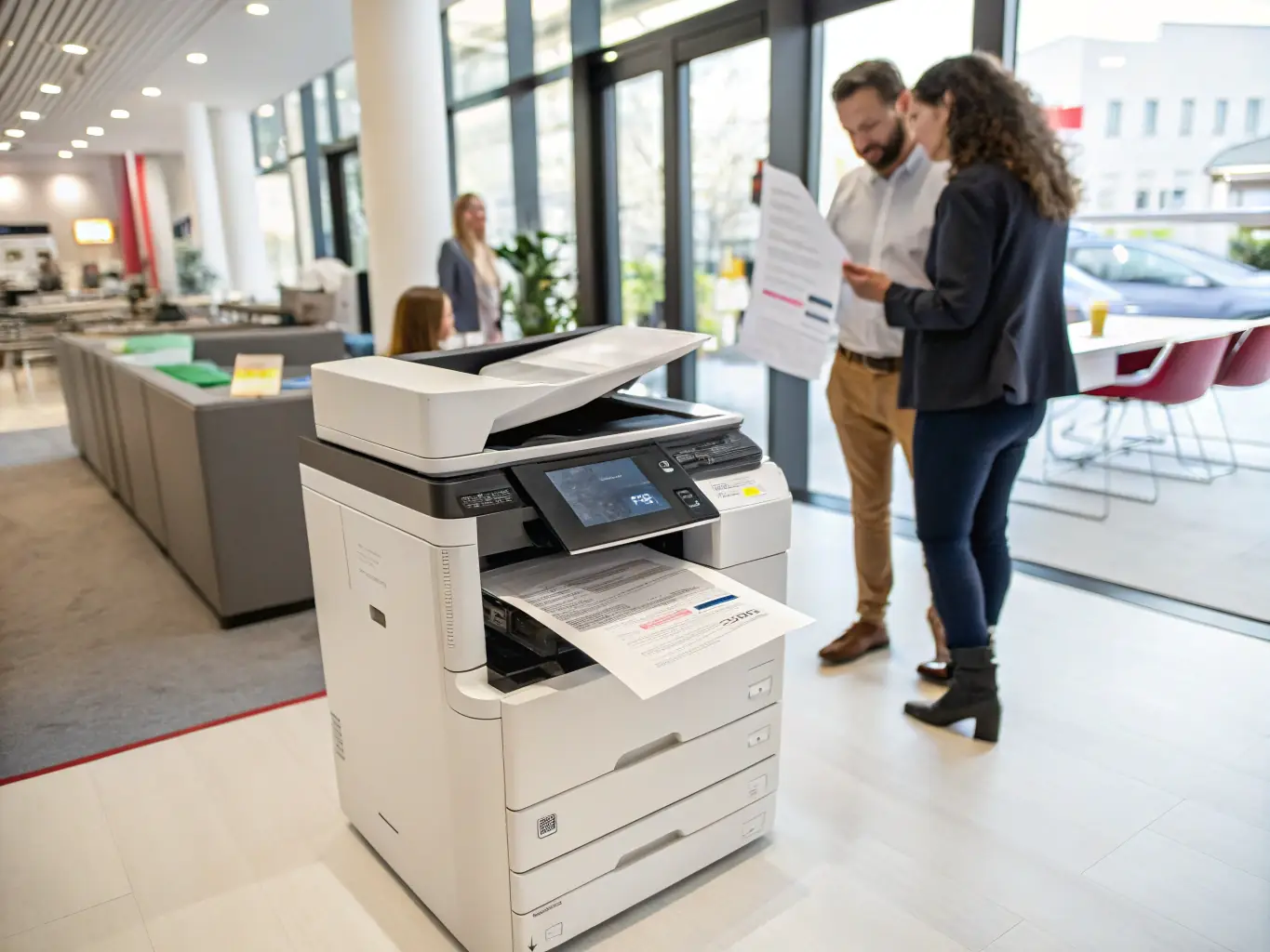 An image of a modern multifunction printer with paper output tray and control panel, set in a professional office environment, used to showcase versatile printing machines on Magnetiq Studio World's website.