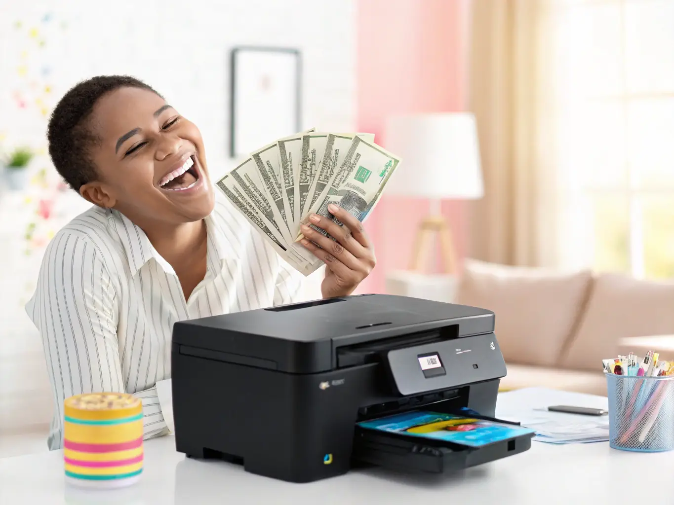 An image of a sleek toner cartridge with a background of printed documents showcasing sharp text and vibrant images, used to advertise high-yield toner cartridges on Magnetiq Studio World's website.