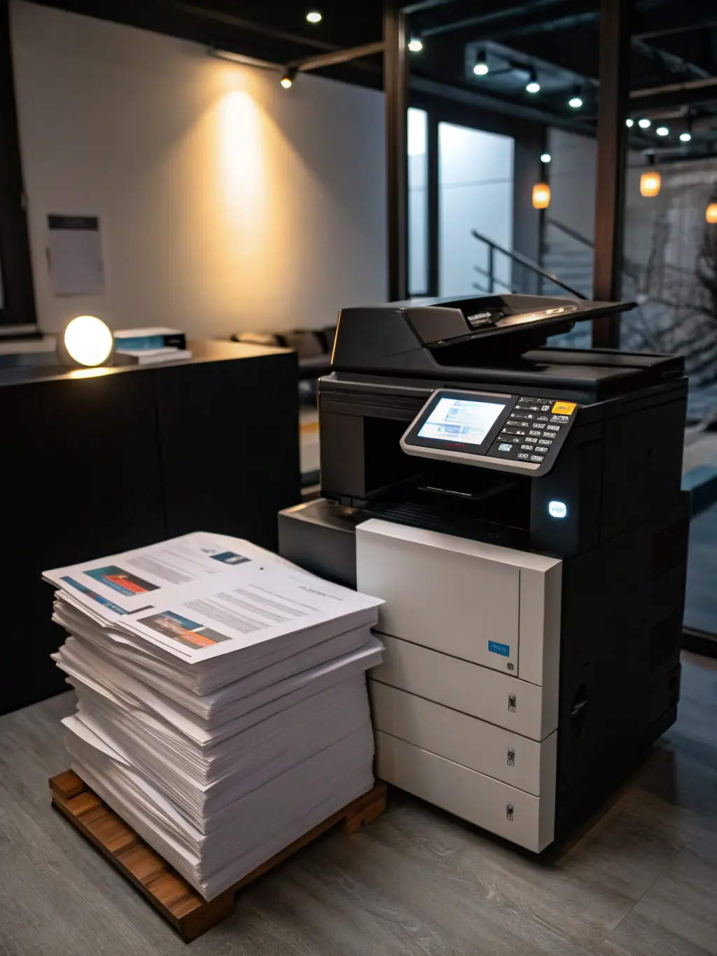 A modern Magnetiq Studio World multifunction printer in a well-lit office setting, showcasing its user-friendly control panel and paper output tray.